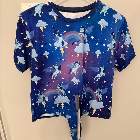 Blackmilk Tops - Blue Graphic T-Shirt with Unicorns and Rainbows